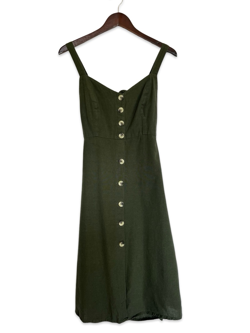 Olive green cotton and linen button front dress Size S Tie back Cottagecore